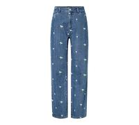 Pieces Flora Straight Emb Hochtaillierte Jeans 32 Medium Blue Denim / White Flower Embroidery