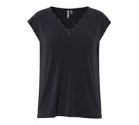 Kurzarmshirt PIECES "PCKAMALA LACE V-NECK TEE JRS NOOS BC", Damen, Gr. XL, schwarz, Jersey, Obermaterial: 73% Modal, 27% Polyester, unifarben, modisch, relaxed fit normal, V-Ausschnitt, Kurzarm, Shirt