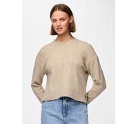 Strickpullover PIECES "PCMALOU LS O-NECK CUTLINE KNIT NOOS BC", Damen, Gr. L, beige (taupe gray detail:melange), Strick, Obermaterial: 65% Polyester, 17% Polyacryl, 10% Nylon, 5% Wolle, 3% Elasthan, m