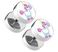 Piercingfaktor 1 Paar Runde Ohrringe Ohrstecker Fake Piercing Ohr Picture Plug Flesh Tunnel Platte Stecker Motiv süßes Einhorn mit Zauberhorn