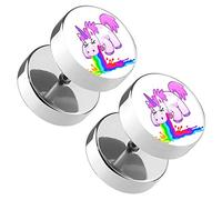 Piercingfaktor 1 Paar Runde Ohrringe Ohrstecker Fake Piercing Ohr Picture Plug Flesh Tunnel Platte Stecker Motiv kotzendes Einhorn Comic
