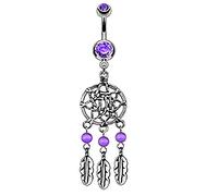 Piercingfaktor Bauchnabelpiercing Chirurgenstahl Bauch Bauchnabel Piercing Stecker Anhänger mit Dreamcatcher Tribal Traumfänger Federn Silber Lila
