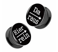 Piercingfaktor Flesh Tunnel Schraub Ohr Plug Piercing Ear Lobe Lobes aus Kunststoff Picture mit Schriftmotiv Hier rein, Da Raus 10mm Schwarz