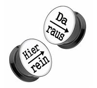 Piercingfaktor Flesh Tunnel Schraub Ohr Plug Piercing Ear Lobe Lobes aus Kunststoff Picture mit Schriftmotiv Hier rein, Da Raus 22mm Weiß