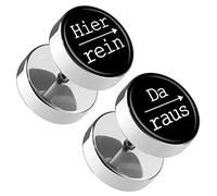 Piercingfaktor Runde Ohrringe Ohrstecker Fake Piercing Ohr Plug Flesh Tunnel Edelstahl Platte Stecker Spruch Hier rein, Da raus 10mm Schwarz