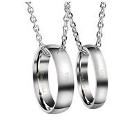PiercingJ Personalized Gravur 2X Edelstahl Pärchen Halsketten Ring Anhänger Halskette Partner Paar Anhänger mit 24" Kette für Herren Damen, Silber (#02, Ring mit Gravur)
