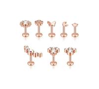 PiercingJak 8er 16Ga Helix Piercings Rosegold Chirurgenstahl Ohrstecker Labret Tragus Knorpel Ohrringe mit Blume Schmetterlinge Mond Stern Kugel CZ Ohr Piercing Stecker Stäbe 6mm Punk Schmuck