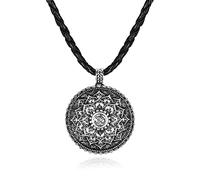 PiercingJak Blume des Lebens Kette Mandala OM Lotus mit Geflochtene Lederkette Legierung Lotusblume Lebensblume Anhänger Vintage Halskette Nordischer Schmuck Amulett für Damen Herren