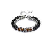 PiercingJak Herren Armband Edelstahl Perlenarmband mit Wolf 6mm Schwarz Achat Tigerauge Steine Armbänder doppelt Armkette Charm Heilsteine Schmuck Spirituelle Geschenke für Männer