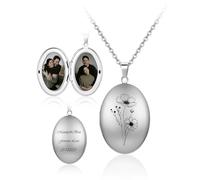 PiercingJak Personalisierte Foto Halskette Geburtsblume Kette mit Gravur Oval Bilder Medaillon zum öffnen Amulett Anhänger Blume Muster Geburtstag Geschenke für Damen Herren