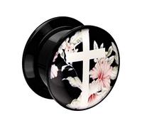 PIERCINGLINE Acryl Plug schwarz KREUZ BLÜTEN MOTIV Piercing Ohr Tunnel 14 mm