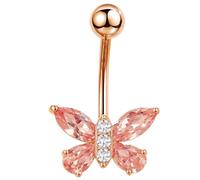 PIERCINGO® Bauchnabel-Piercing ROSÈ-GOLD ZIRKONIA-KRISTALL Anhänger Chirurgen-Stahl 316L Edelstahl Banane Bananabell Bauch-Stecker Barbell Nabel-piercing 1.6mm x 10mm (Schmetterling Rosa)
