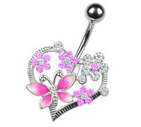 PIERCINGO® Bauchnabel-Piercing SCHMETTERLING SILBER ZIRKONIA-KRISTALL Anhänger Chirurgen-Stahl 316L Edelstahl Banane Bananabell Bauch-Stecker Barbell Nabel-piercing 1.6mm x 10mm (Herz Pink Rosa)