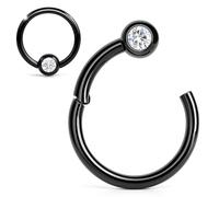 PIERCINGO® CLICKER Schwarz SEGMENTRING Scharnier Septum Nase Ohr Helix WEISS STRASS Piercing-ring Klicker CHIRURGENSTAHL 316L EDELSTAHL Stahl 1 ECHTER ZIRKONIA KRISTALL WEIß Klar (1,2 mm x 10 mm)