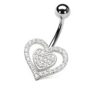 PIERCINGO® DOPPEL HERZ HEART SCHÖN LIEBE WEIß Bauchnabel-piercing ECHT-SILBER 925 ZIRKONIA-KRISTALL Chirurgen-Stahl 316L Edelstahl Banane Bananabell Barbell Bauch-Stecker Nabel.piercing 1.6mm x 10mm