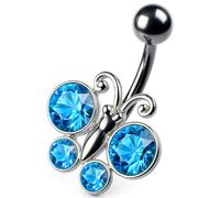 PIERCINGO® Schmetterling Blau Falter Butterfly Flügel blue Bauchnabel-piercing ECHT-SILBER 925 ZIRKONIA-KRISTALLE Titan G23 Titanium Piercing-Banane Barbell Bauch-Stecker Nabel-piercing 1.6 x 10mm