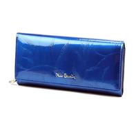 Pierre Cardin Damen Geldbörse mit Blattmuster, Blumenmotiv, elegant, praktisch, aus Lackleder, groß, 19,5 x 10 x 3 cm, blau