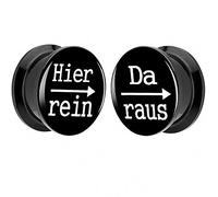 Piersando 1 Paar 2er Set Ohr Plug Piercing Kunststoff Flesh Tunnel Ohrplug mit Hier rein Da Raus Spruch Schwarz Motiv Comic Picture Schwarz 24mm