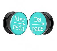 Piersando 1 Paar 2er Set Ohr Plug Piercing Kunststoff Flesh Tunnel Ohrplug mit Hier rein Da Raus Spruch Schwarz Motiv Comic Picture Türkis 12mm