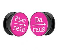 Piersando 1 Paar 2er Set Ohr Plug Piercing Kunststoff Flesh Tunnel Ohrplug mit Hier rein Da Raus Spruch Schwarz Motiv Comic Picture Pink 8mm