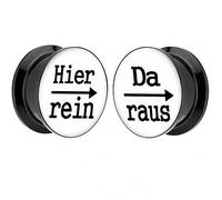 Piersando 1 Paar 2er Set Ohr Plug Piercing Kunststoff Flesh Tunnel Ohrplug mit Hier rein Da Raus Spruch Schwarz Motiv Comic Picture Weiß 22mm