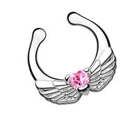 Piersando Fake Piercing Hoop Ring Clip On Klemmring für Septum Tragus Helix Nase Lippe Ohr Intim Nasenring Nasenpiercing Engelsflügel Herz Kristall Silber Pink