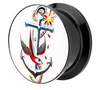 Piersando Ohr Plug Piercing Kunststoff Motiv Comic Picture Flesh Tunnel Ohrplug mit Anker und Schwalbe Vogel Schwarz Weiß 8mm