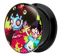 Piersando Ohr Plug Piercing Kunststoff Motiv Comic Picture Flesh Tunnel Ohrplug mit Crazy Zombie Muster Bunt Schwarz 10mm