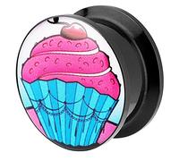 Piersando Ohr Plug Piercing Kunststoff Motiv Comic Picture Flesh Tunnel Ohrplug mit Cupcake Pink Blau Schwarz 14mm