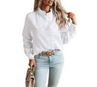 Pinclodly Damen-Hemd mit Knopfleiste, Stehkragen, Rüschen, gestreift, langärmelig, Arbeitsoberteil für Damen, trendig, Weiss/opulenter Garten, X-Groß