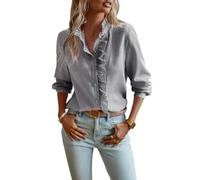 Pinclodly Damen-Hemd mit Knopfleiste, Stehkragen, Rüschen, gestreift, langärmelig, Arbeitsoberteil für Damen, trendig, Schwarz, X-Groß