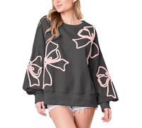 Pinclodly Süßes Damen-Sweatshirt mit Schleife, lässig, Laterne, langärmelig, Rundhalsausschnitt, Herbst, lockere Passform, Y2k Pullover Tops 2024, Dunkel_Grau, M