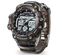 PINIDOUS Digitale Herren-Sportuhr, 7 Farben, LED-Licht, großes analoges Digitaldisplay, wasserdicht mit 3 Alarmen/Countdown/Stoppuhr/Dual-Time-Multifunktions-Armbanduhr, Transparent-Schwarz, Militär