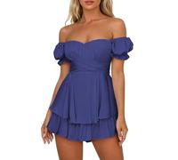 Pink Queen Damen Boho Kleid Mini Strampler Sommer Kurz Bandeau Jumpsuit Off Shoulder Rüschen Chiffon Playsuit Navy Blau S