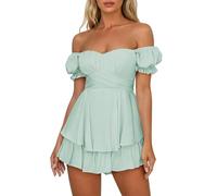 Pink Queen Damen Boho Kleid Strampler Sommer Kurz Schulterfreier Jumpsuit Off Shoulder Rüschen Chiffon Playsuit Türkis XL