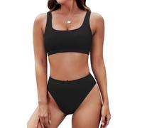 Pink Queen Damen Crop Top Bikini Set Frech 2-Teilig Hohe Taille High Cut Push Up Gepolstert Bademode Strand Schwarz L