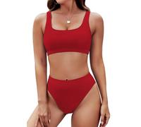 Pink Queen Damen Crop Top Bikini Set Frech 2-Teilig Hohe Taille High Cut Push Up Gepolstert Bademode Strand Rot XL