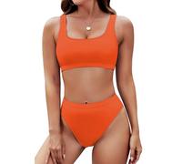 Pink Queen Damen Crop Top Bikini Set Frech 2-Teilig Hohe Taille High Cut Push Up Gepolstert Bademode Strand Orange M