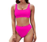 Pink Queen Damen Crop Top Bikini Set Frech 2-Teilig Hohe Taille High Cut Push Up Gepolstert Bademode Strand Rosenrot XL