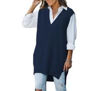 Pink Queen Damen Oversize Pullunder V-Ausschnitt Strickpullover Weste Ärmelloser Tanktop Übergroßer Tiefblau M