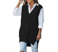 Pink Queen Damen Oversize Pullunder V-Ausschnitt Strickpullover Weste Ärmelloser Tanktop Übergroßer Schwarz M