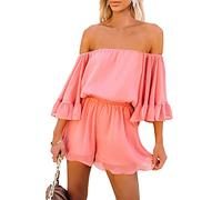 Pink Queen Damen Trägerlos Boho Jumpsuit Mini Kleid Rüschen Strampler Shorts Schulterfrei Sommer Spielanzug Korallenrot M
