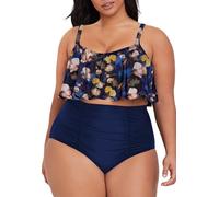 Pink Queen Damen Übergröße 2-Teiliges Tankini Bauchweg Rüschen Geraffte Crop Top Badeanzüge Bikini Set Tiefes Blau XL