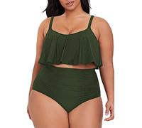 Pink Queen Damen Übergröße 2-Teiliges Tankini Bauchweg Rüschen Geraffte Crop Top Badeanzüge Bikini Set Armeegrün 2XL