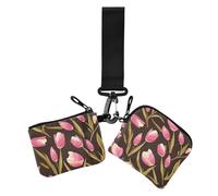 Pink Tulipa Green Leaves Flat Illustration Style Dual Coin Purse Credit Card Holder Wallet Compact Size ID Card Protector with Zipper Coin Pocket for Ladies 2 Packs, Rosa Tulpe grüne Blätter flache