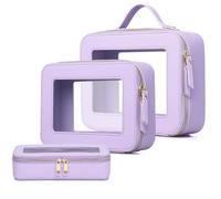 Pinkmik Transparente Make-up-Tasche mit Pinseltasche, 3 Stück, wasserdicht, Reiseetui für Kosmetika und Toilettenartikel, Make-up-Organizer für Damen, mit Reißverschluss, X/Violett, L+M+SLIM