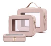 Pinkmik Transparente Make-up-Tasche mit Pinseltasche, 3 Stück, wasserdicht, Reiseetui für Kosmetika und Toilettenartikel, Make-up-Organizer für Damen, mit Reißverschluss, Pink, L+M+SLIM