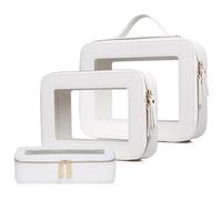 Pinkmik Transparente Make-up-Tasche mit Pinseltasche, 3 Stück, wasserdicht, Reiseetui für Kosmetika und Toilettenartikel, Make-up-Organizer für Damen, mit Reißverschluss, Weiss/opulenter Garten, L+M+