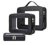 Pinkmik Transparente Make-up-Tasche mit Pinseltasche, 3 Stück, wasserdicht, Reiseetui für Kosmetika und Toilettenartikel, Make-up-Organizer für Damen, mit Reißverschluss, Schwarz, L+M+SLIM