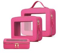 Pinkmik Transparente Make-up-Tasche mit Pinseltasche, 3 Stück, wasserdicht, Reiseetui für Kosmetika und Toilettenartikel, Make-up-Organizer für Damen, mit Reißverschluss, X/Fuxia, L+M+SLIM
